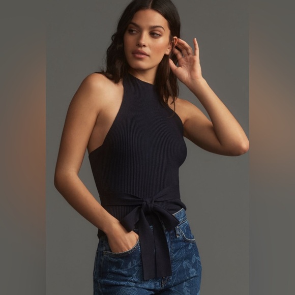 NWT! Anthropologie Navy Maeve Halter Wrap Sweater Tank - Size Medium 🎾 - Picture 1 of 6